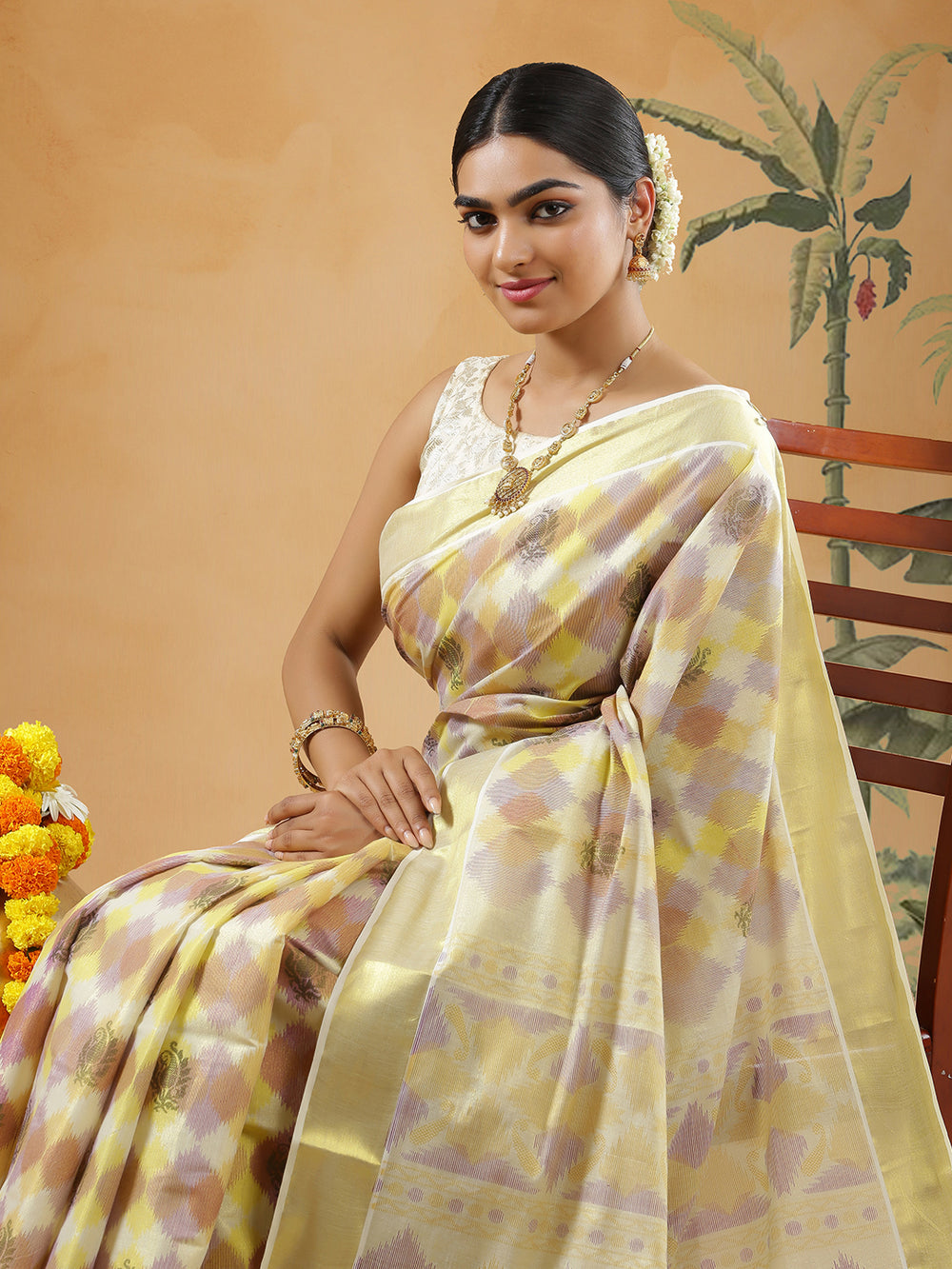 Golden Tissue Set Saree With Purple With Multi Color Striped Geometric Print All Over