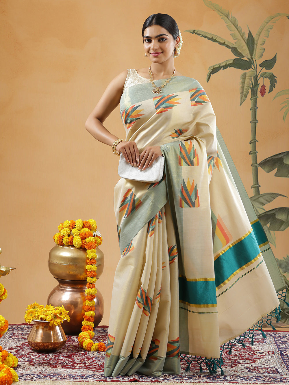 Golden Tissue Teal Blue Border Set Saree With Multi Color Abstract Print All Over Body