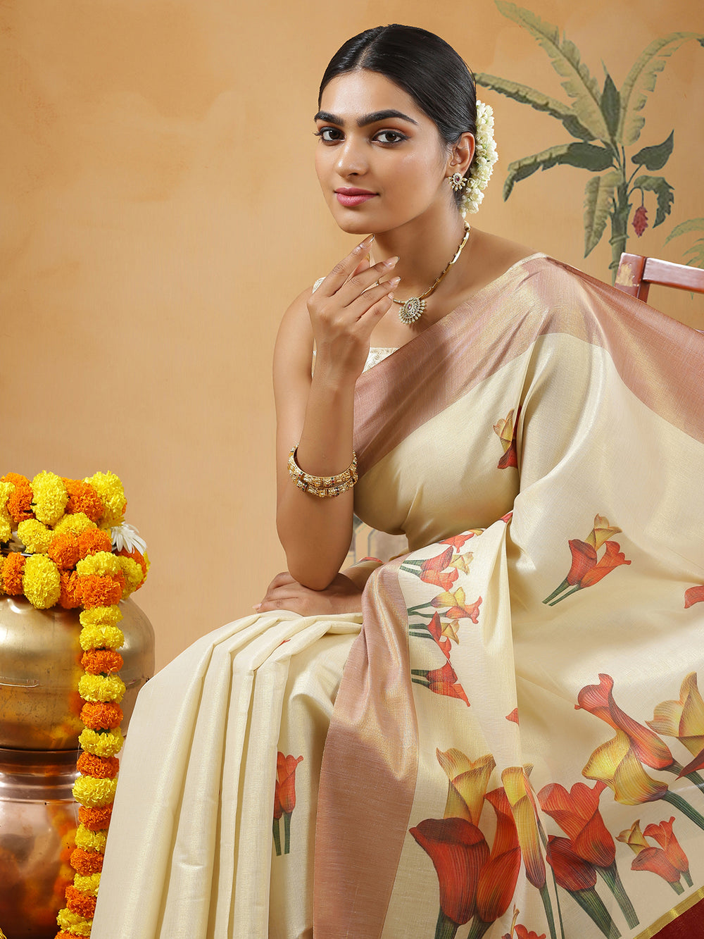 Golden Tissue Red Border Set Saree With Bellvine Flower Print All Over Body