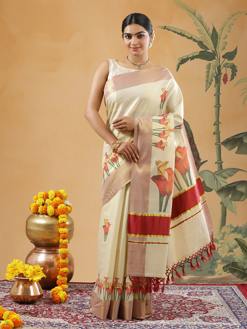 Golden Tissue Red Border Set Saree With Bellvine Flower Print All Over Body