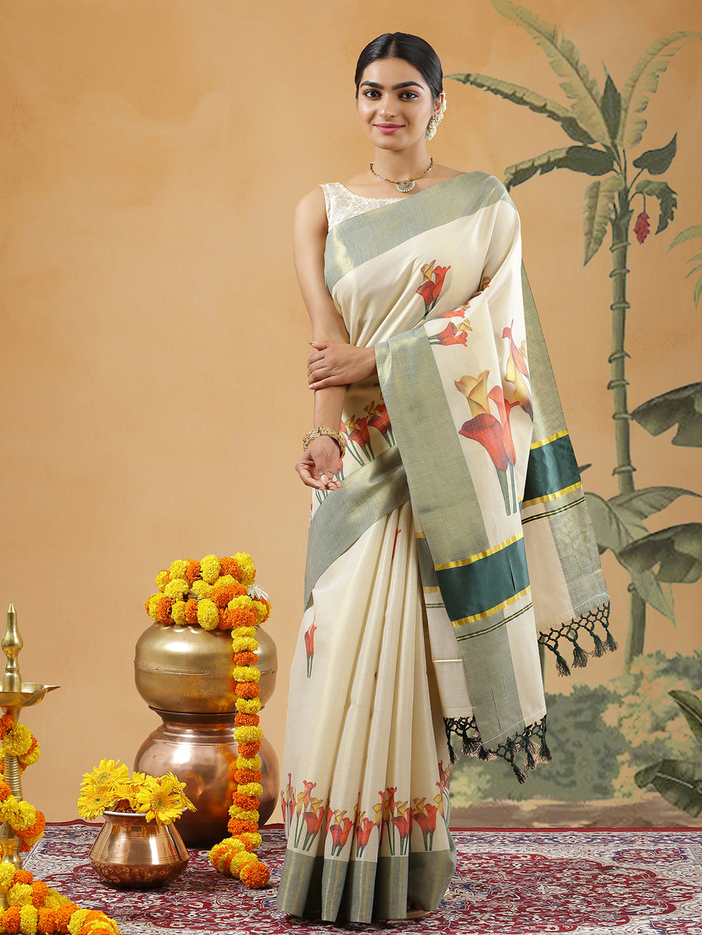 Golden Tissue Dark Green Border Set Saree With Bellvine Flower Print All Over Body
