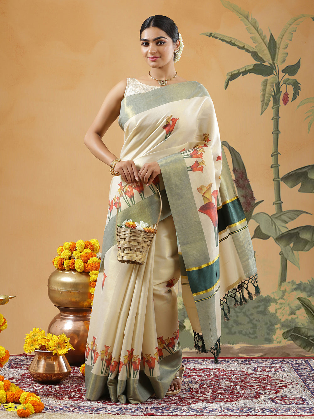 Golden Tissue Dark Green Border Set Saree With Bellvine Flower Print All Over Body