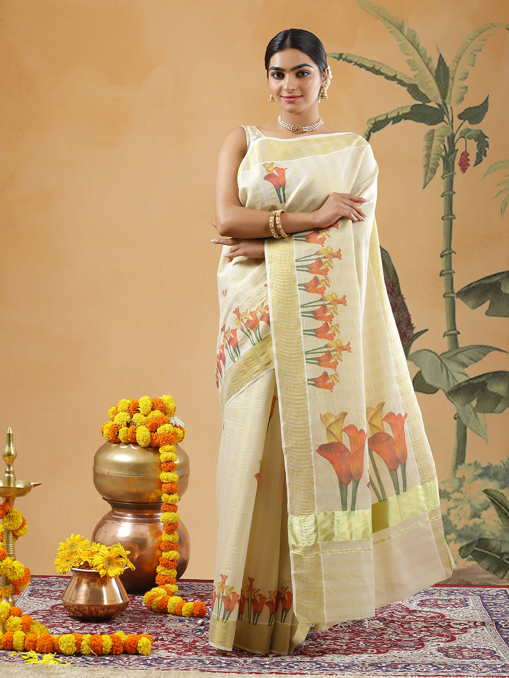Golden Tissue Golden Border Striped Set Saree With Bellvine Flower Print All Over Body