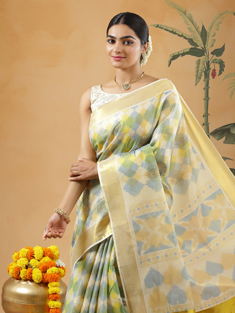 Golden Tissue Set Saree With Green With Multi Color Striped Geometric Print All Over