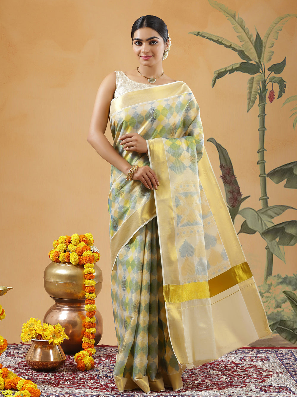 Golden Tissue Set Saree With Green With Multi Color Striped Geometric Print All Over