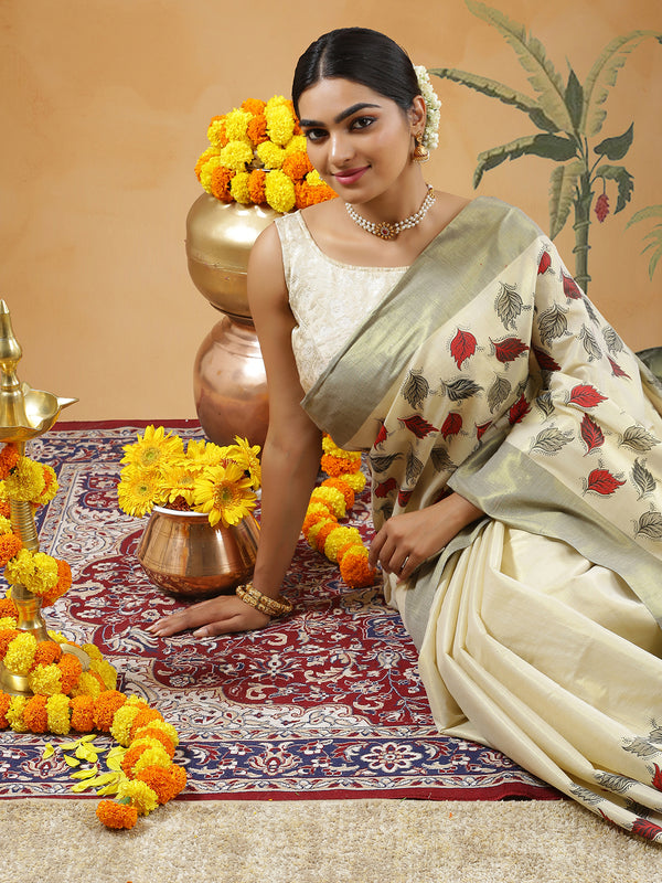 Golden Tissue Set Saree With Red Black And Gery Leaf Prints Near Black Kasavu Border