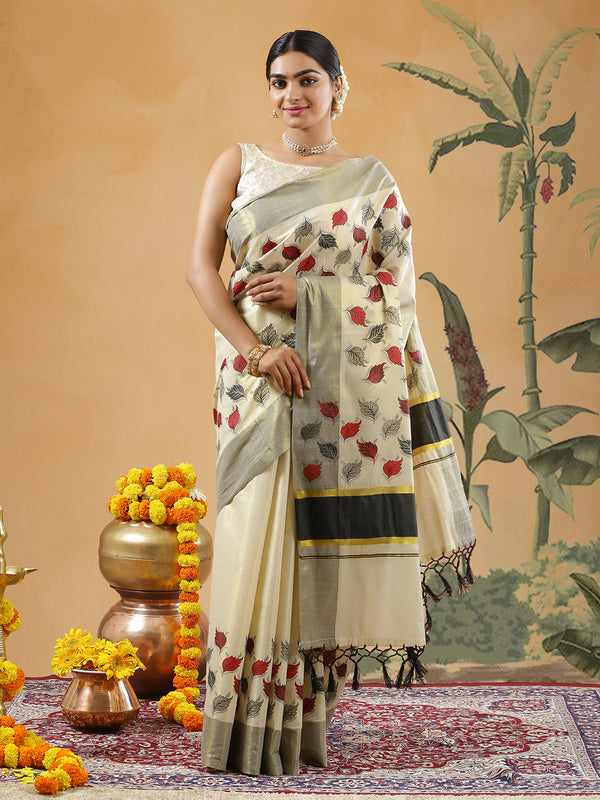 Golden Tissue Set Saree With Red Black And Gery Leaf Prints Near Black Kasavu Border