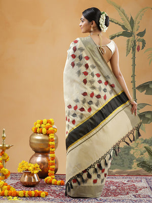 Golden Tissue Set Saree With Red Black And Gery Leaf Prints Near Black Kasavu Border