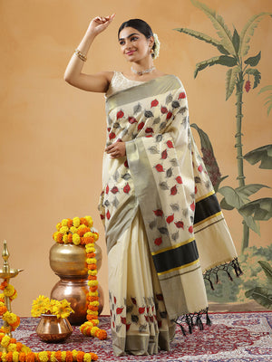 Golden Tissue Set Saree With Red Black And Gery Leaf Prints Near Black Kasavu Border