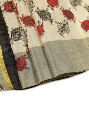 Golden Tissue Set Saree With Red Black And Gery Leaf Prints Near Black Kasavu Border