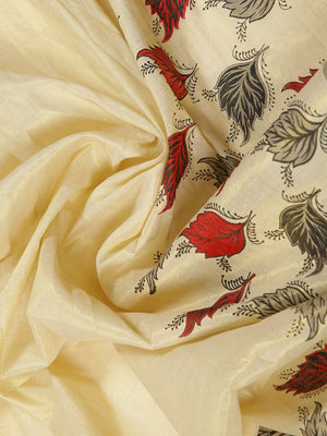 Golden Tissue Set Saree With Red Black And Gery Leaf Prints Near Black Kasavu Border