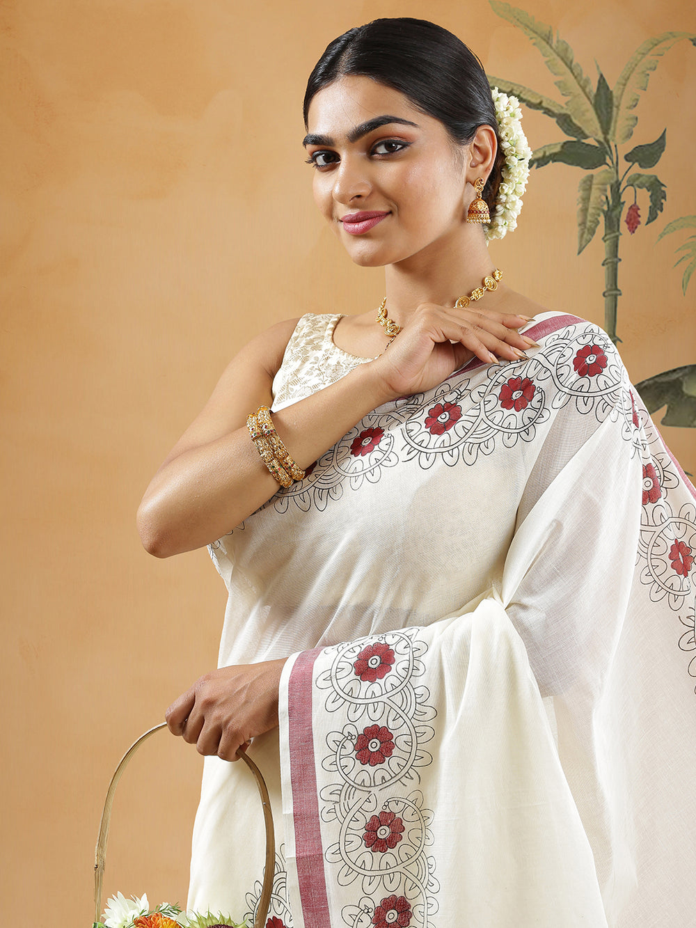 Off White Color Cotton Set Saree With Brown Color Floral Printed Border