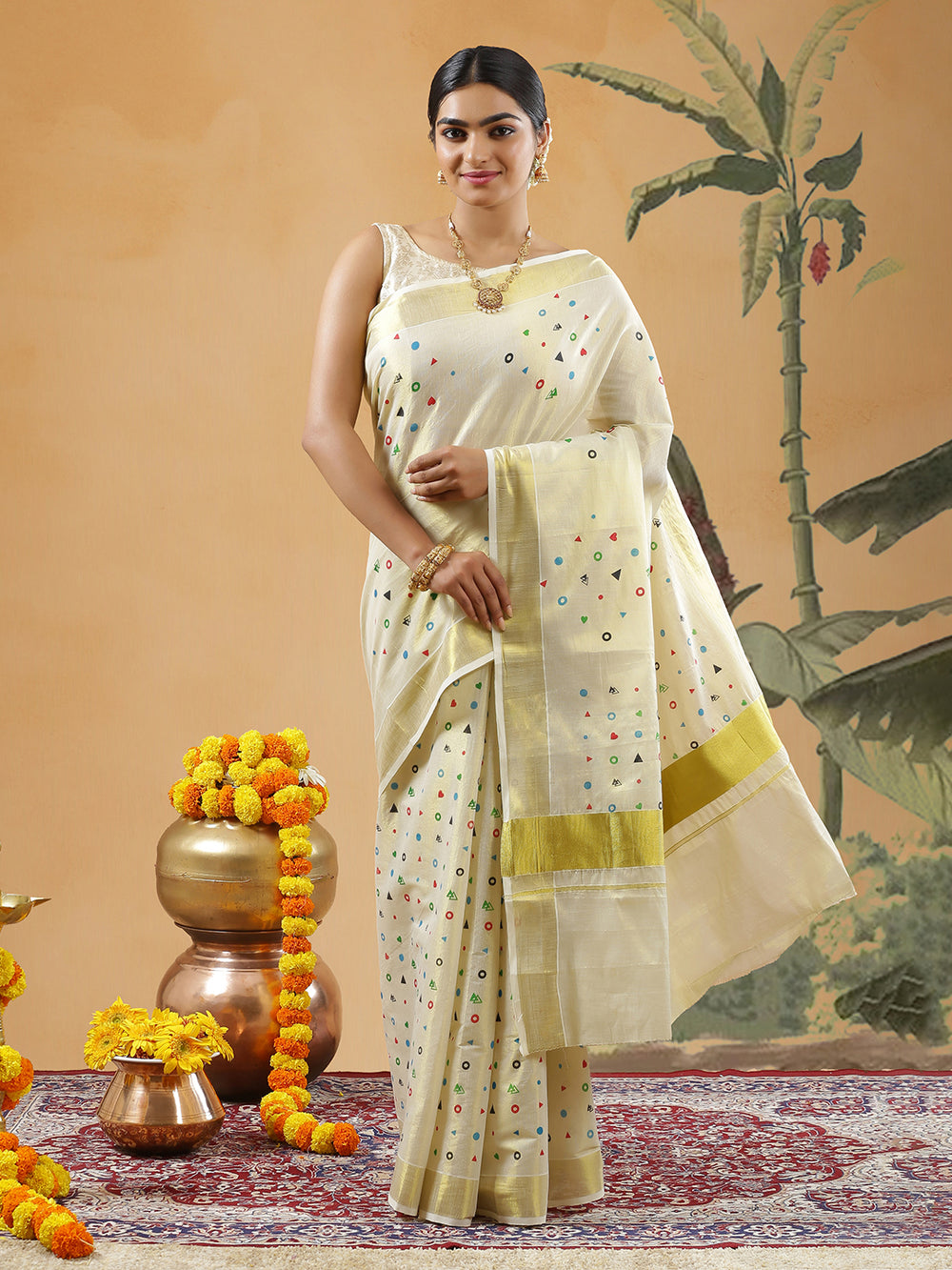 Golden Tissue Set Saree With Multi Color Geomatric Design With Heart Symbol Design Print
