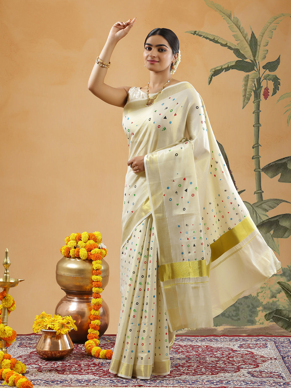 Golden Tissue Set Saree With Multi Color Geomatric Design With Heart Symbol Design Print