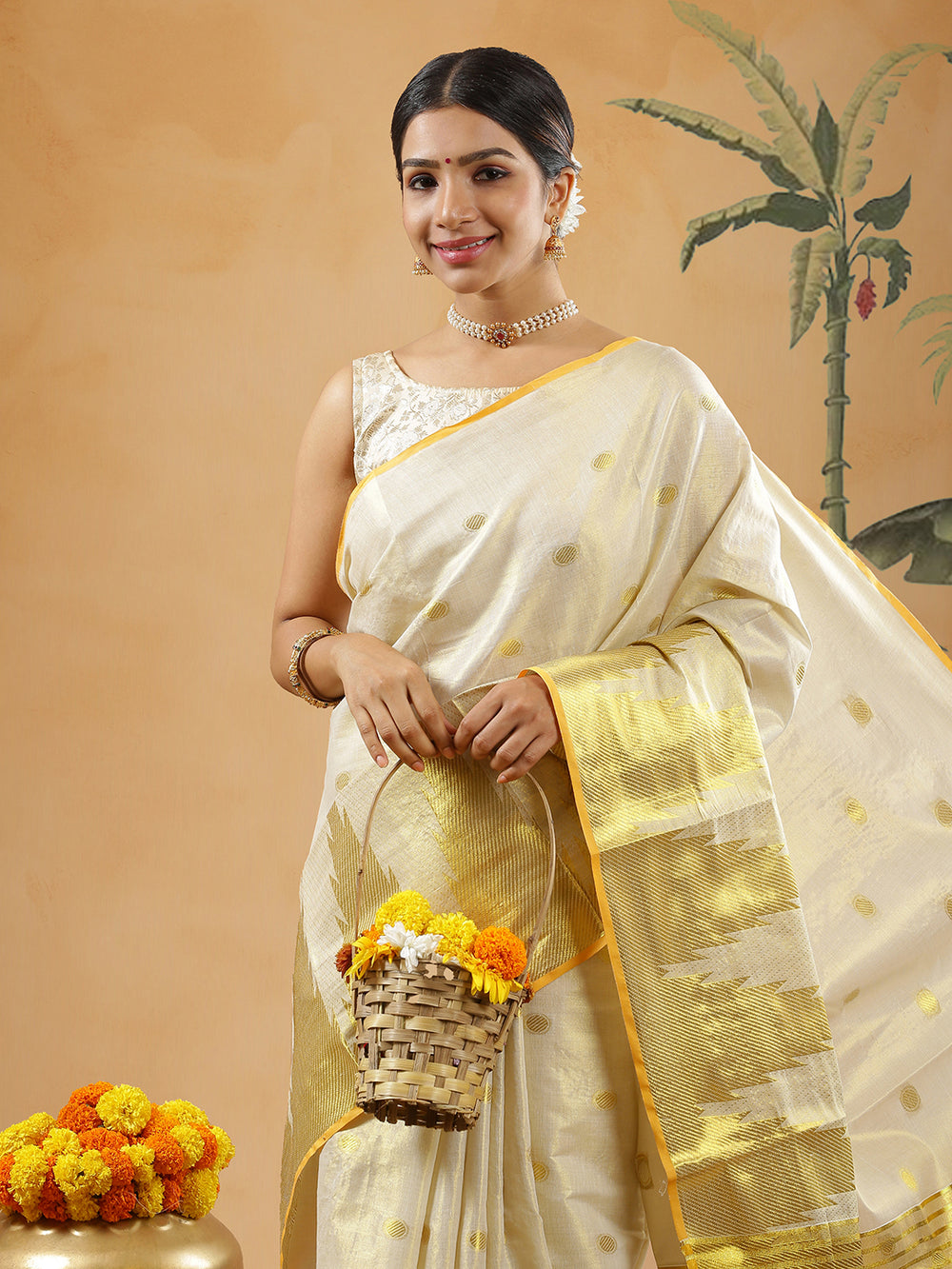 Golden Tissue One Side Border Set Saree With Big Temple Design On Border