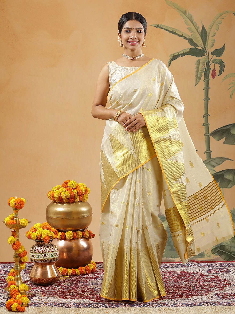Golden Tissue One Side Border Set Saree With Big Temple Design On Border