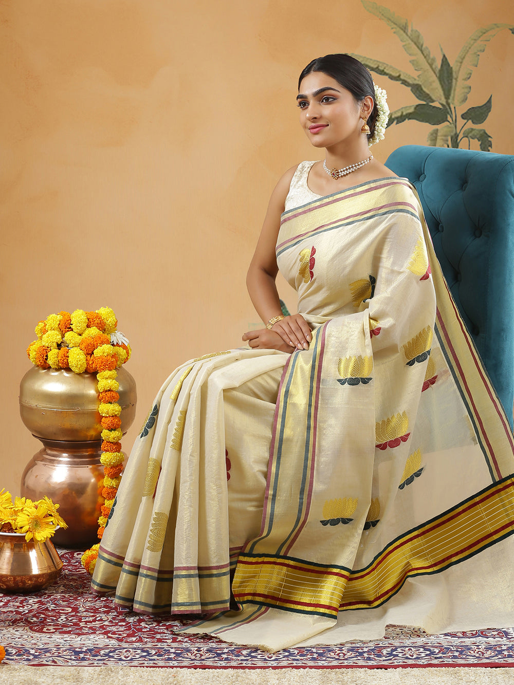 Golden Tissue Set Saree With Red And Green Leafed Golden Lotus Thread Work