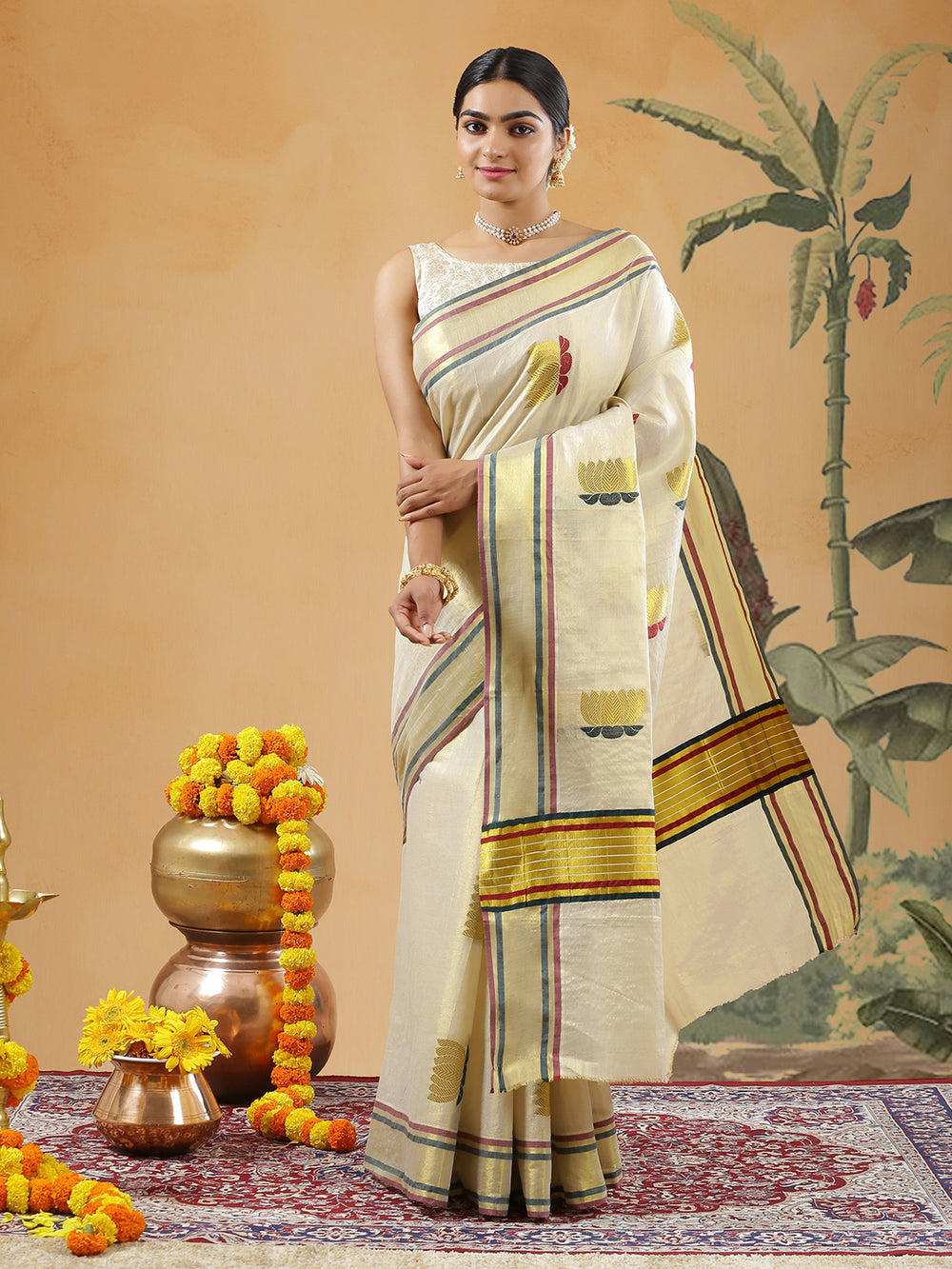 Golden Tissue Set Saree With Red And Green Leafed Golden Lotus Thread Work