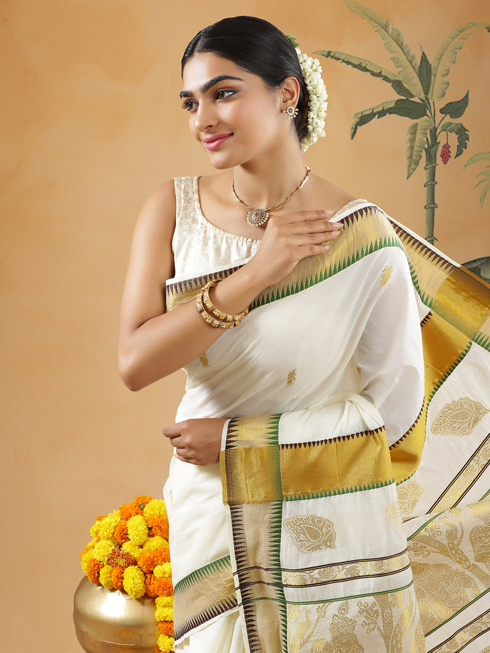 Off White Color Cotton Set Saree With Coffee Brown And Green Small Temple Design On Golden Border