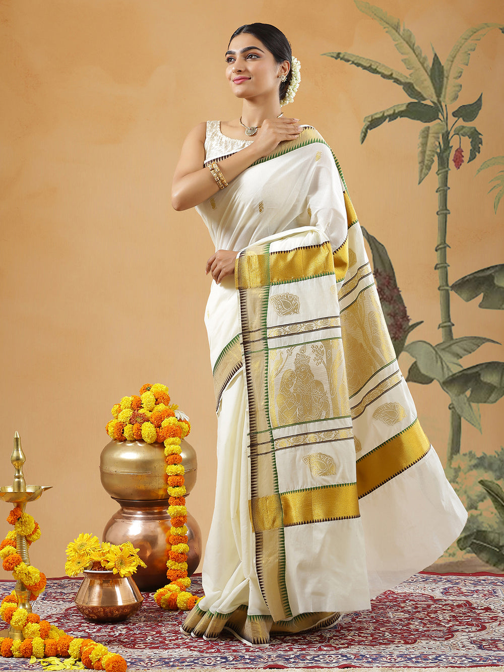 Off White Color Cotton Set Saree With Coffee Brown And Green Small Temple Design On Golden Border