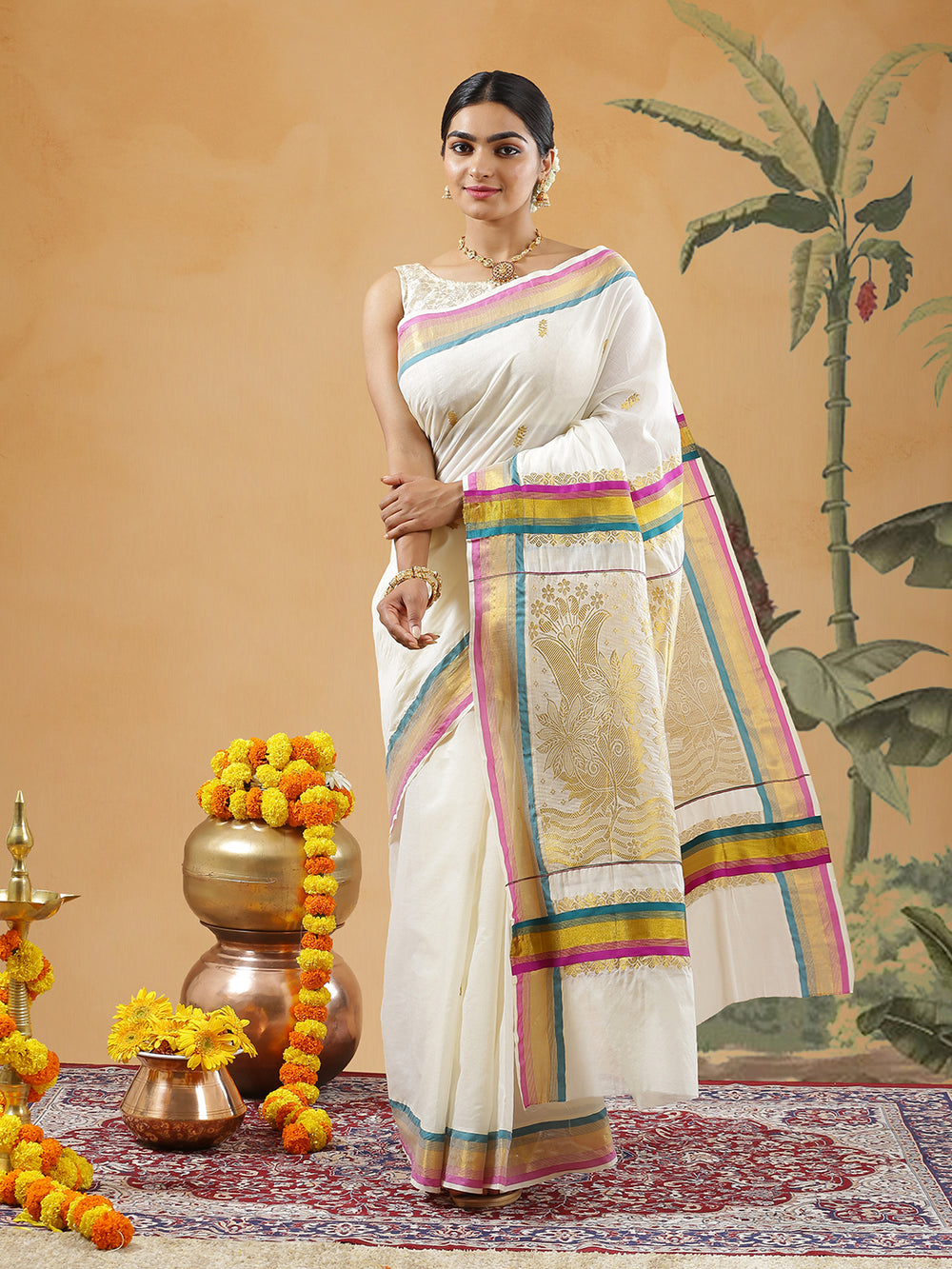 Off White Color Cotton Set Saree With Teal Green And Magenta Stripes On Golden Border