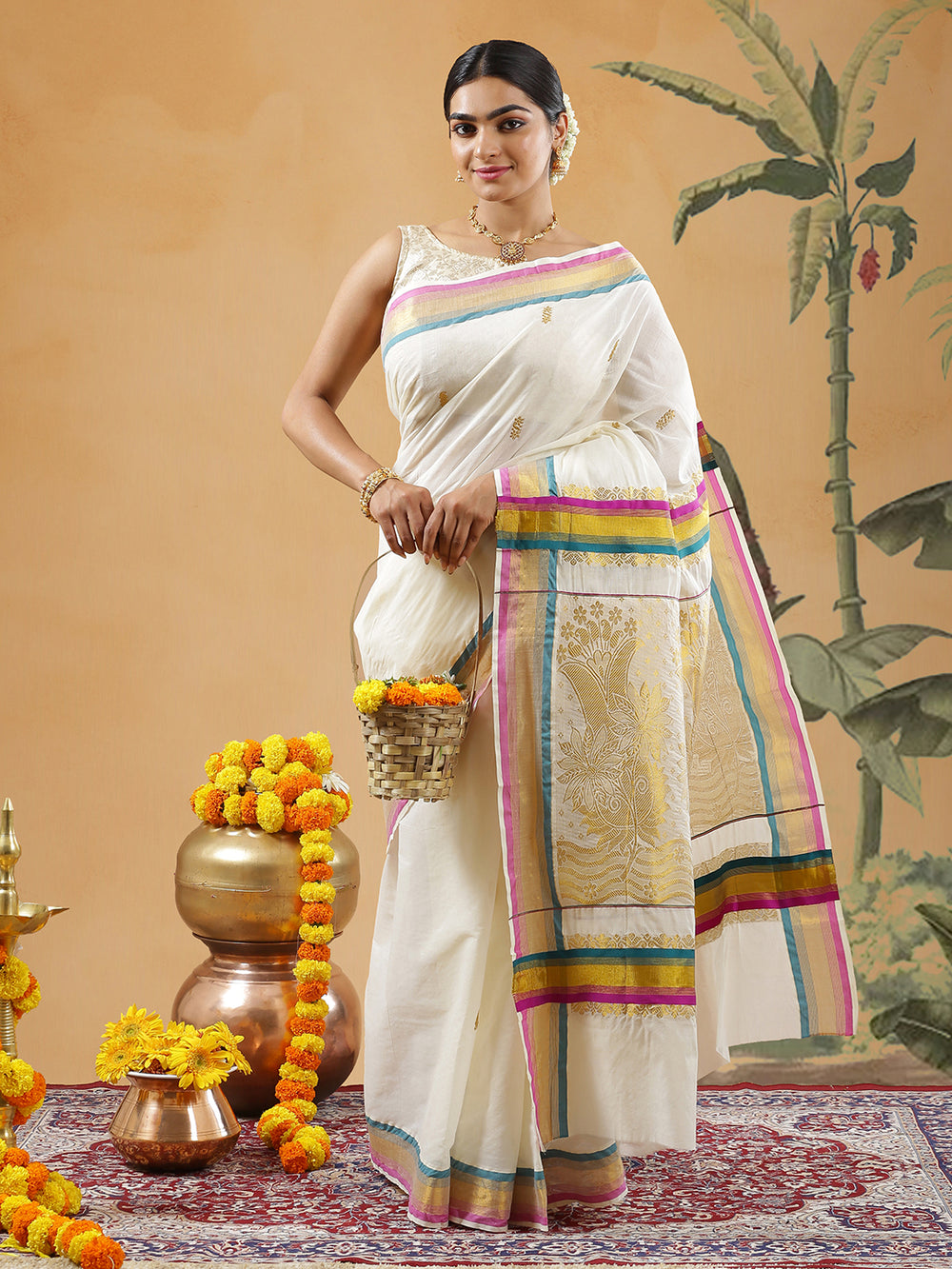 Off White Color Cotton Set Saree With Teal Green And Magenta Stripes On Golden Border