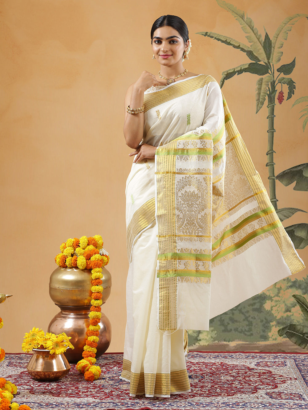 Off White Color Cotton Set Saree With Golden And Light Green Thread Worked Buttas