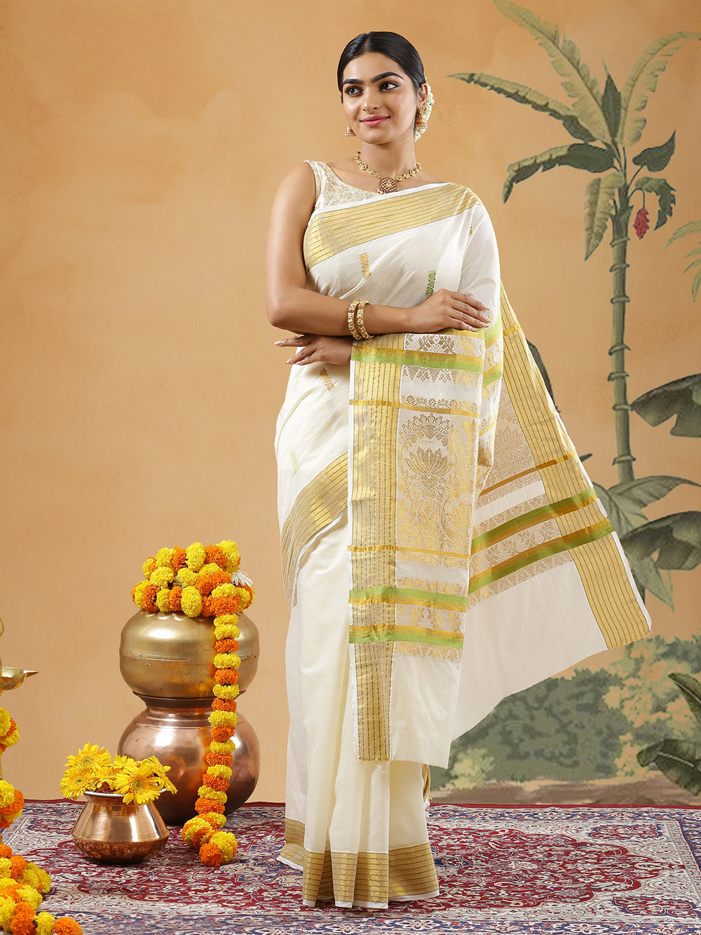 Off White Color Cotton Set Saree With Golden And Light Green Thread Worked Buttas