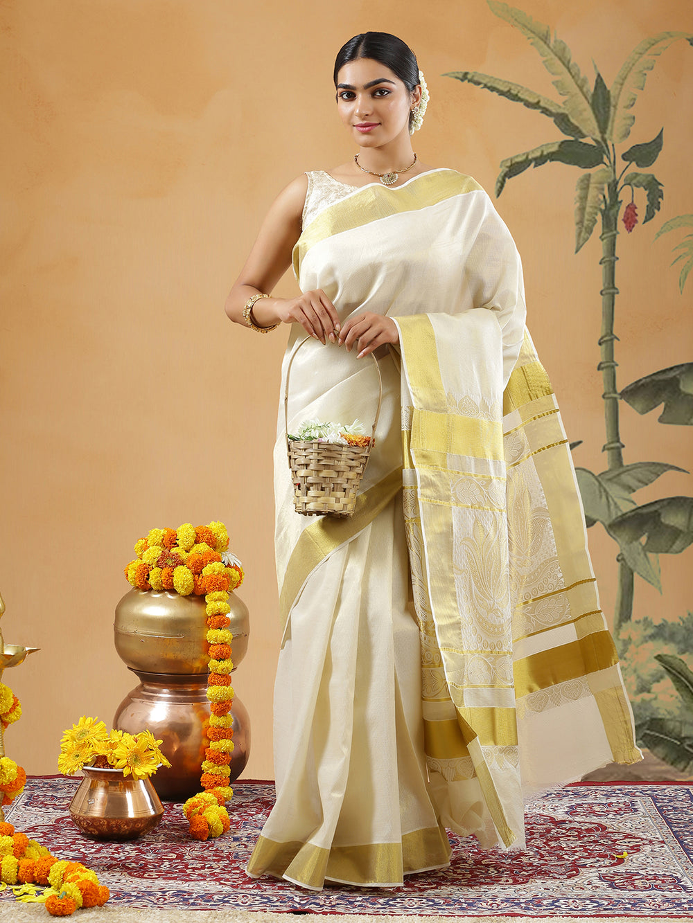 Off White Color Cotton Set Saree With Full Of Golden Thin Stripes And Golden Striped Kasavu Border