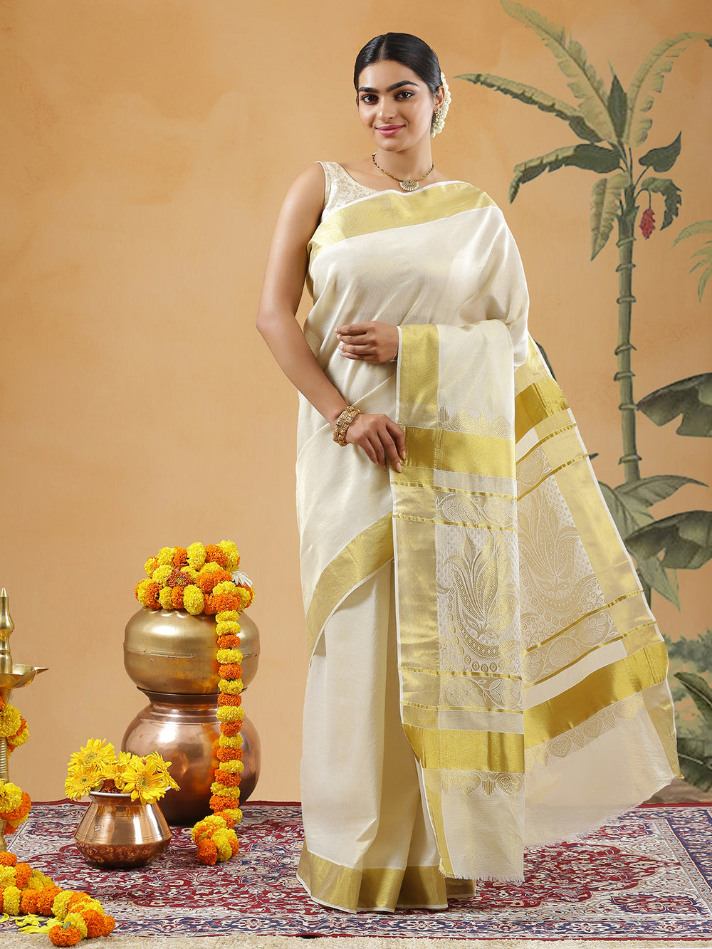 Off White Color Cotton Set Saree With Full Of Golden Thin Stripes And Golden Striped Kasavu Border