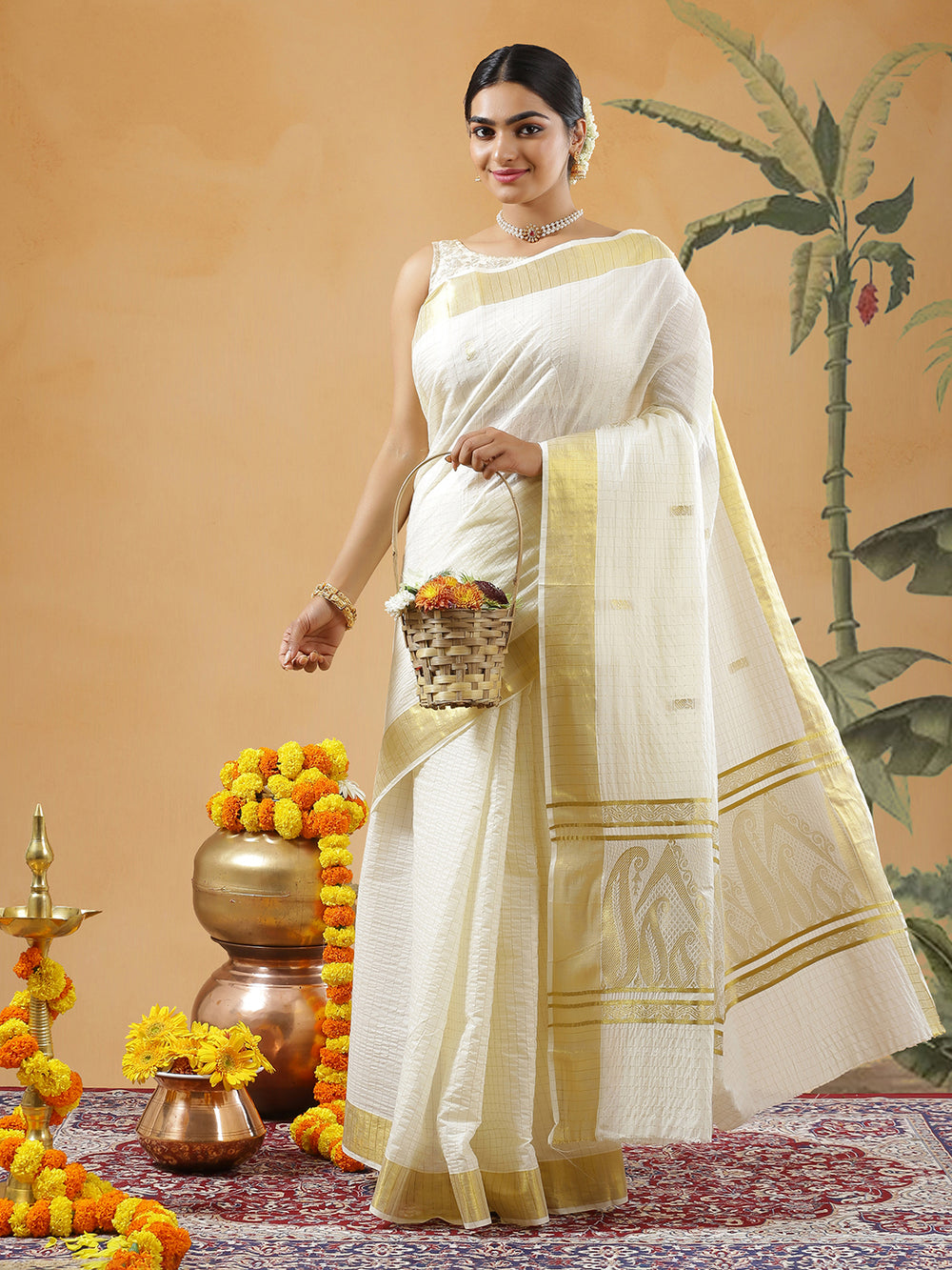 Off White Color Cotton Set Saree With Golden Thin Lined Check And Buttas