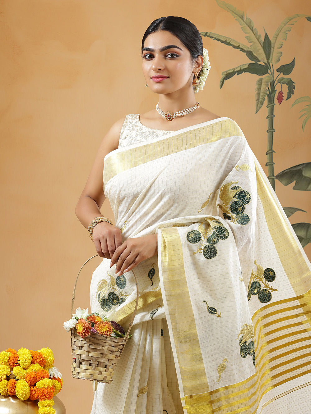 Off White Color Cotton Check Set Saree With Green With Golden Embroidery Design On Body