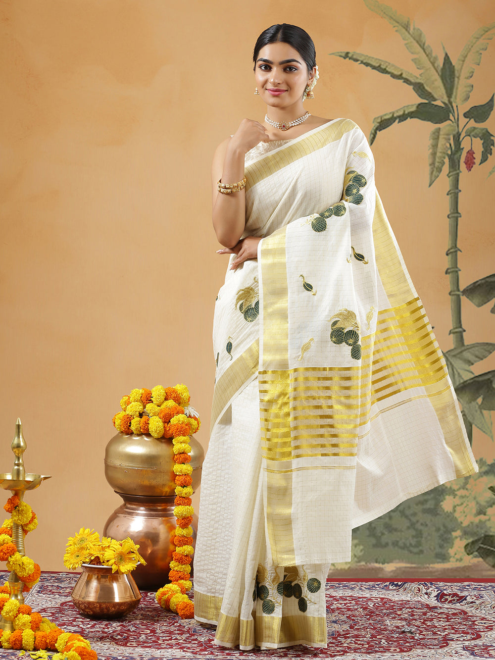 Off White Color Cotton Check Set Saree With Green With Golden Embroidery Design On Body