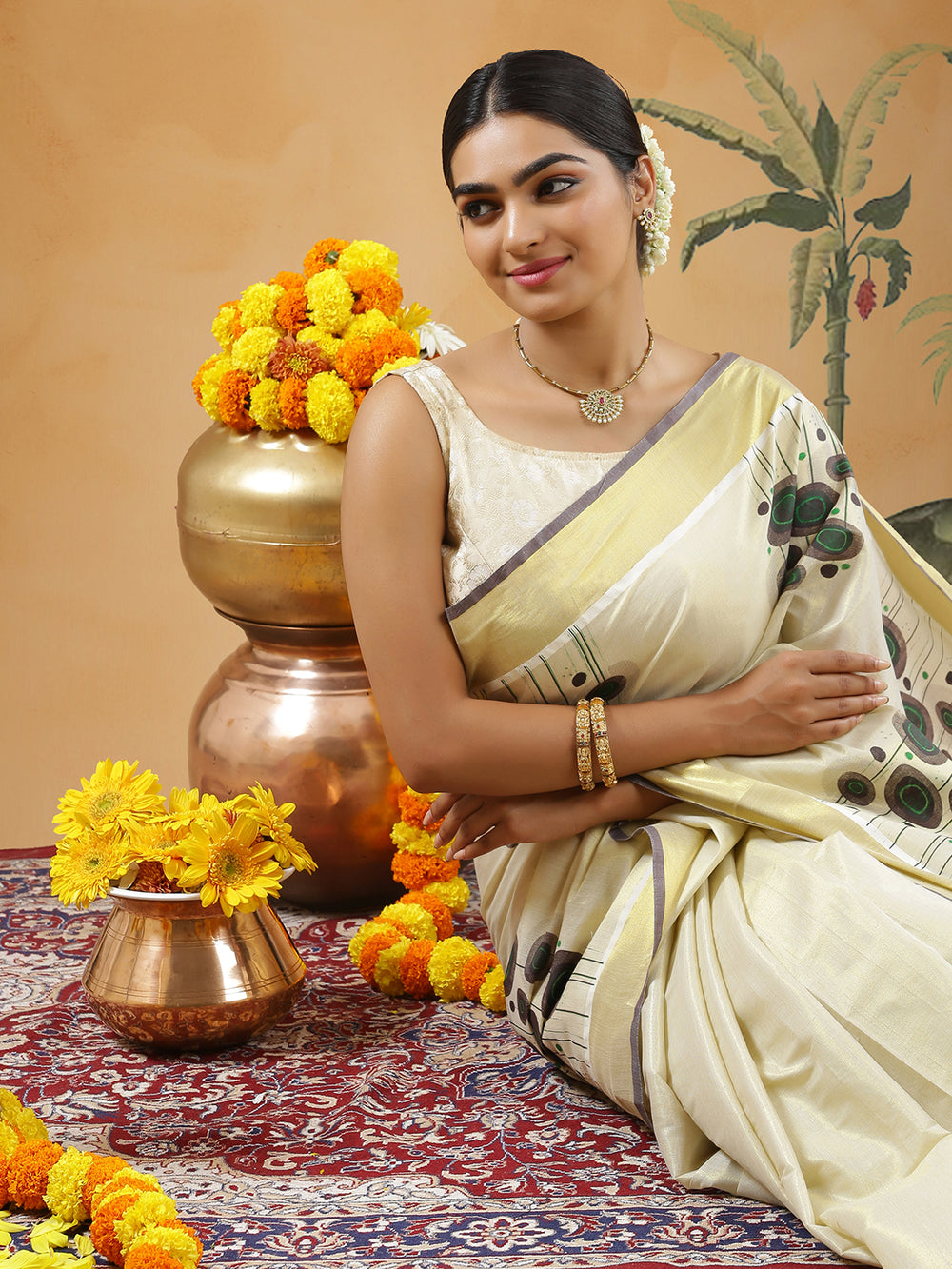 Golden Tissue Set Saree With Brown Color Digital Modern Floral Prints And Brown Tassels
