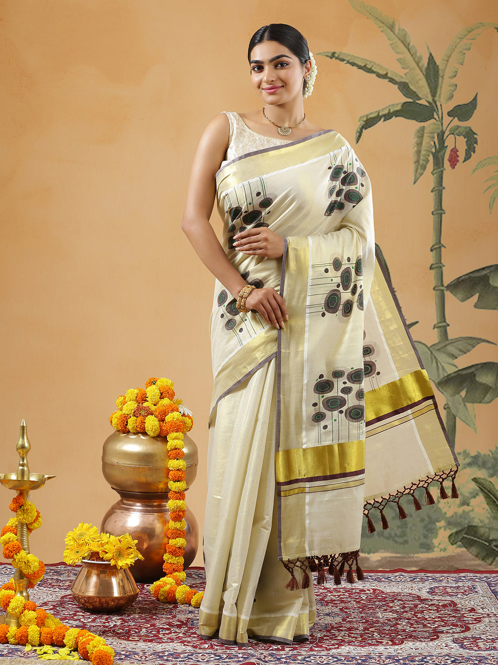Golden Tissue Set Saree With Brown Color Digital Modern Floral Prints And Brown Tassels