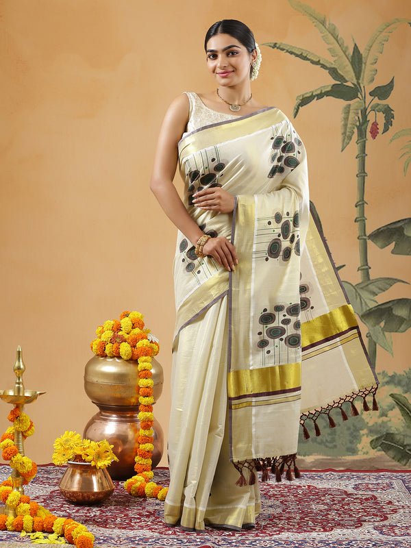 Golden Tissue Set Saree With Brown Color Digital Modern Floral Prints And Brown Tassels
