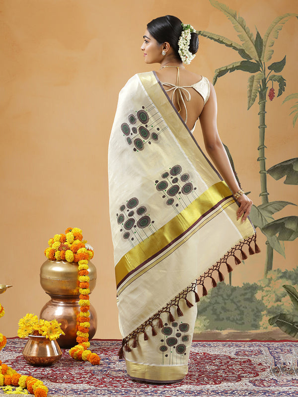 Golden Tissue Set Saree With Brown Color Digital Modern Floral Prints And Brown Tassels