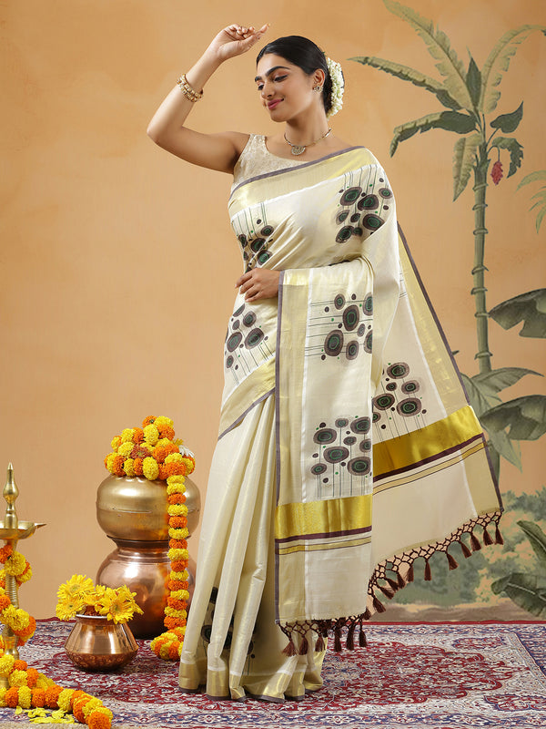 Golden Tissue Set Saree With Brown Color Digital Modern Floral Prints And Brown Tassels