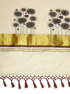 Golden Tissue Set Saree With Brown Color Digital Modern Floral Prints And Brown Tassels