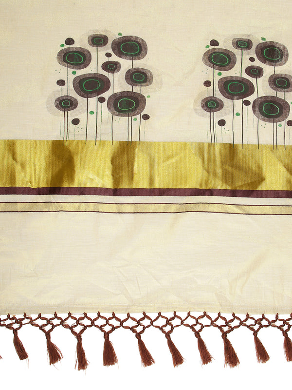 Golden Tissue Set Saree With Brown Color Digital Modern Floral Prints And Brown Tassels