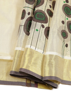 Golden Tissue Set Saree With Brown Color Digital Modern Floral Prints And Brown Tassels