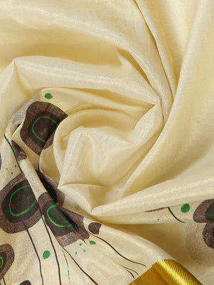 Golden Tissue Set Saree With Brown Color Digital Modern Floral Prints And Brown Tassels