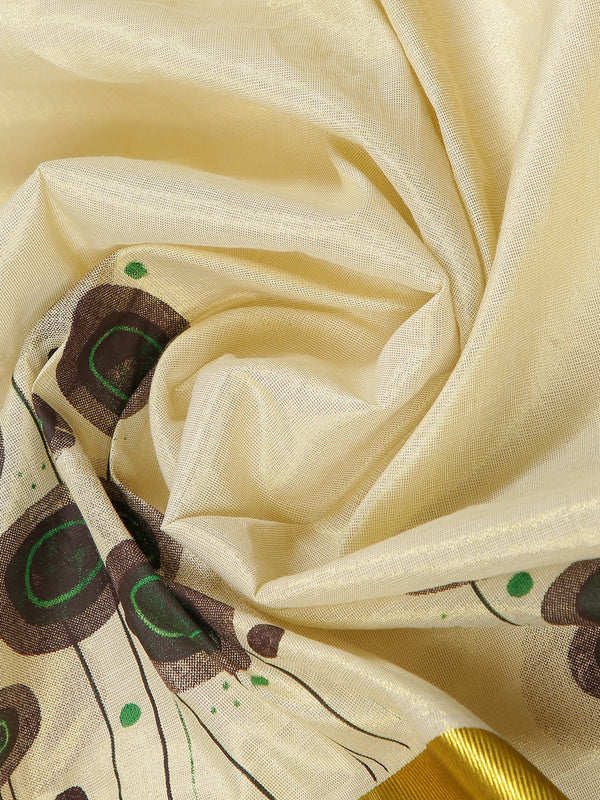 Golden Tissue Set Saree With Brown Color Digital Modern Floral Prints And Brown Tassels
