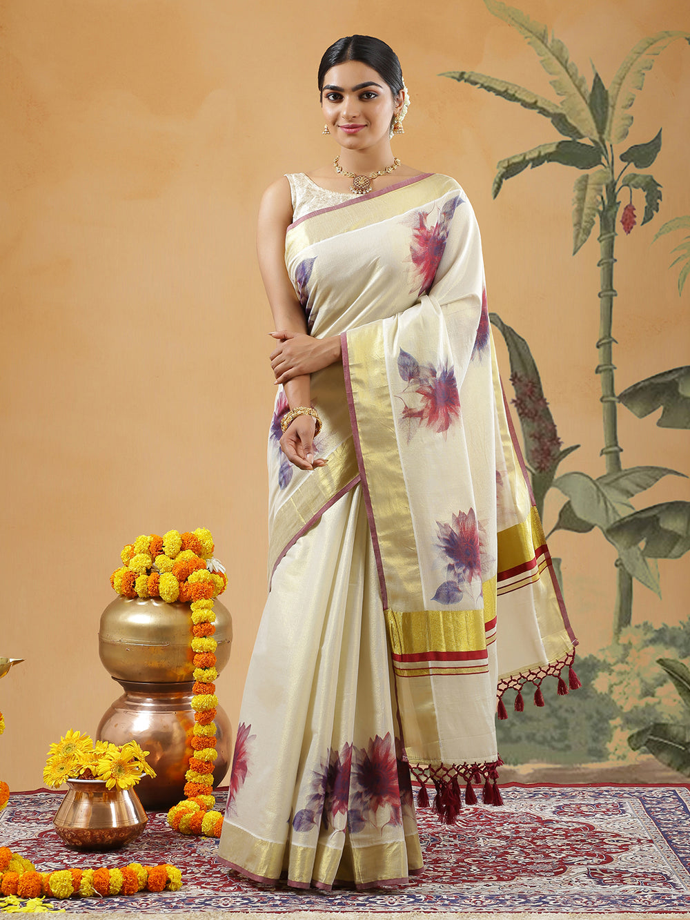 Golden Tissue Set Saree With Maroon Color Digital Floral Prints And Maroon Tassels