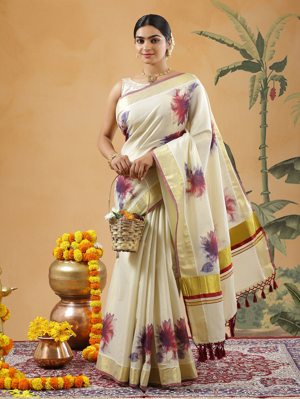 Golden Tissue Set Saree With Maroon Color Digital Floral Prints And Maroon Tassels