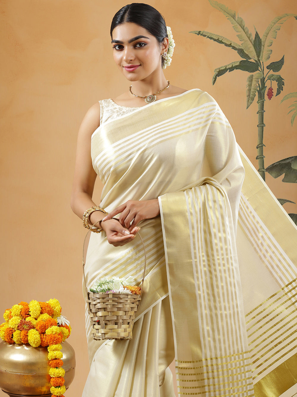 Golden Tissue Set Saree With Off White And Golden Stripes Near Border