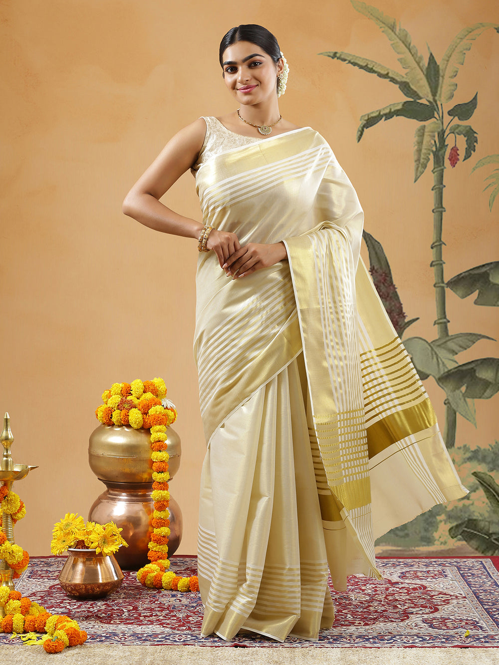 Golden Tissue Set Saree With Off White And Golden Stripes Near Border