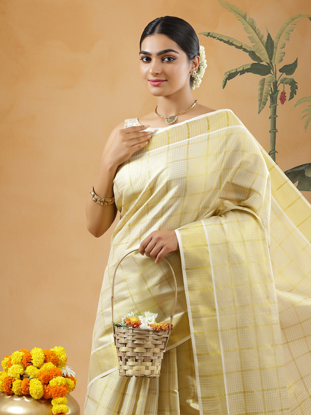 Golden Tissue Set Saree With Thick Lined Big Check Over Thin Lined Small Check
