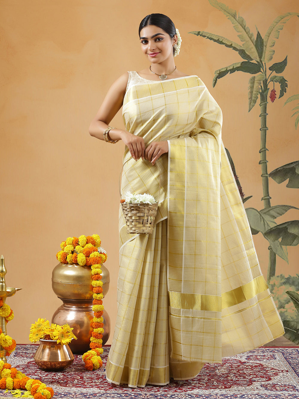 Golden Tissue Set Saree With Thick Lined Big Check Over Thin Lined Small Check