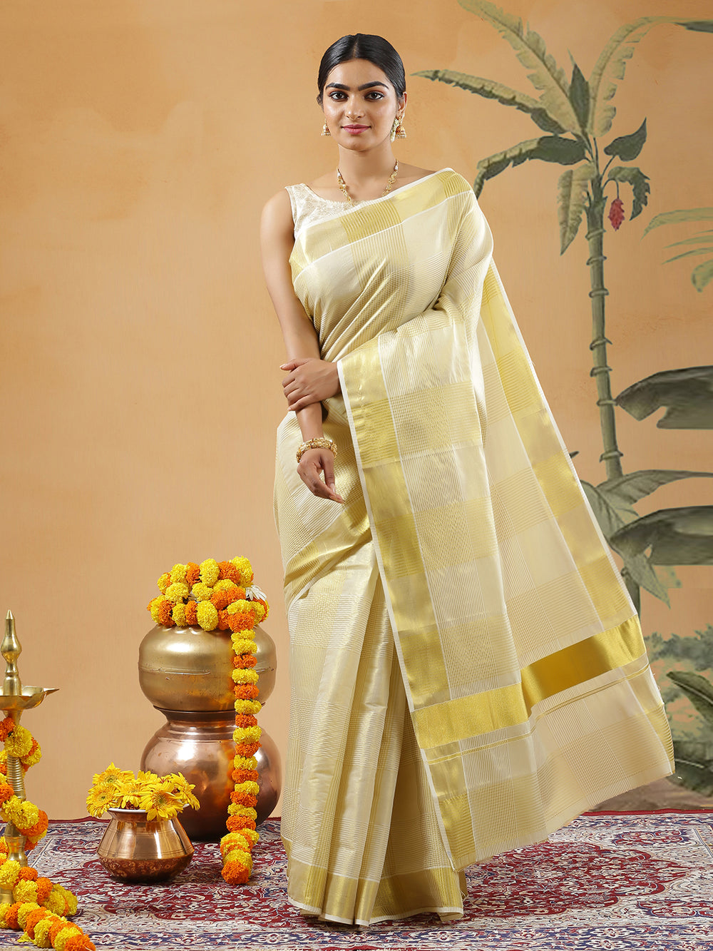 Golden Tissue Set Saree With Multi Lined Big Check All Over Body